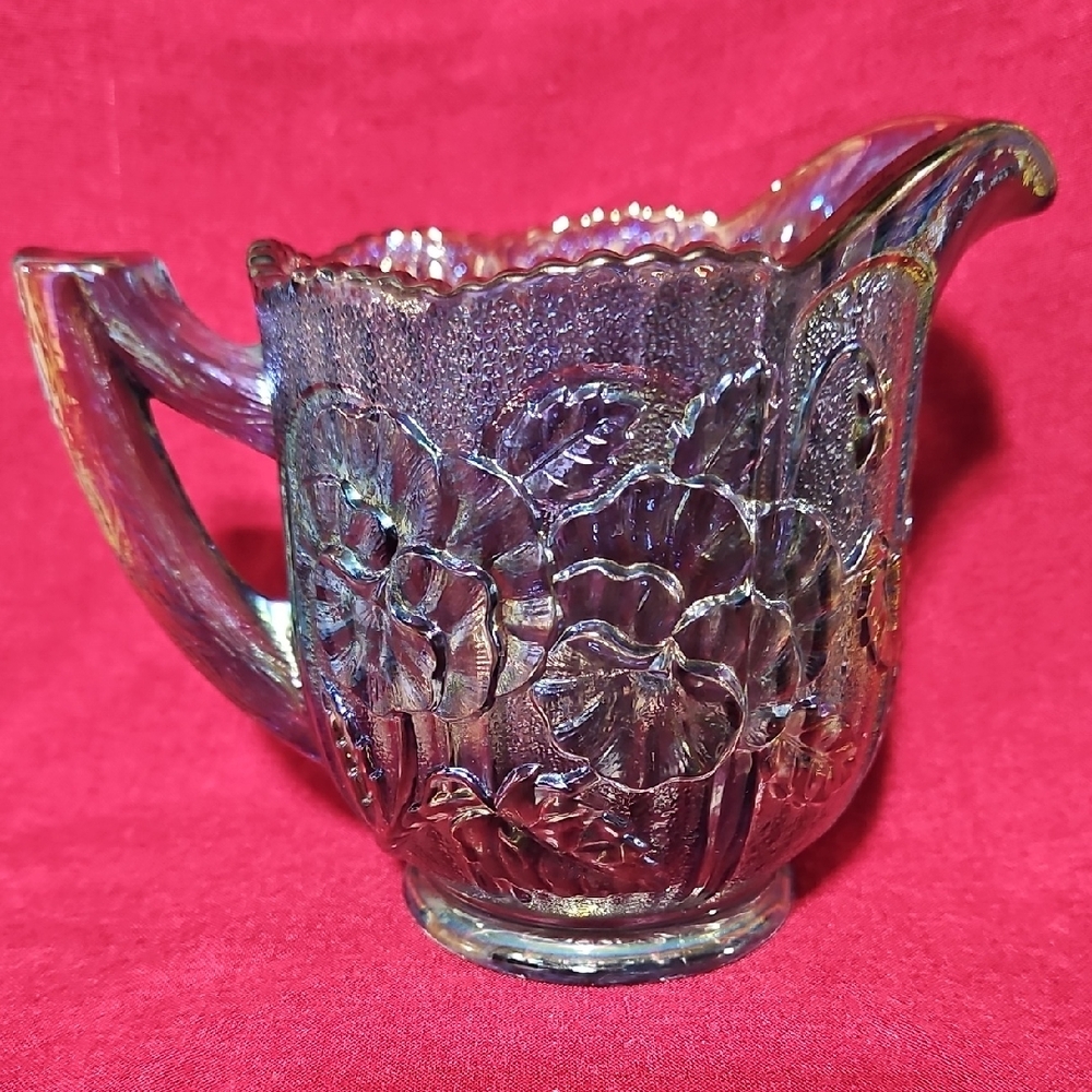 Iridescent Purple Carnival Glass Creamer Pitcher, Imperial Glass Pansy Pattern